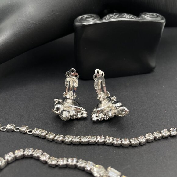 Vintage Signed Sherman Necklace Earring Set Clear Rhinestone Clip on Swarovski - Picture 8 of 11